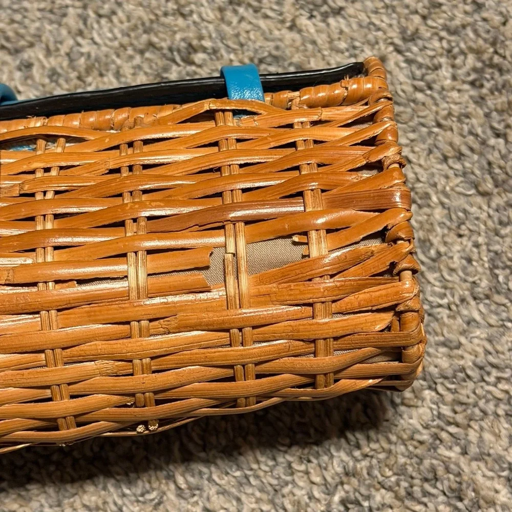Michael Kors Wicker Straw Clutch Bag Turquoise Blue Leather Gold Turn Lock